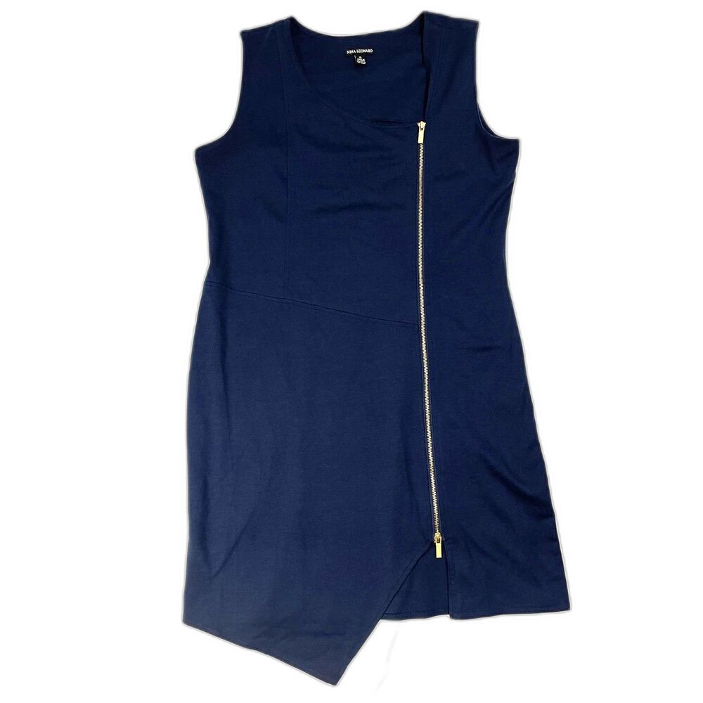 Nina Leonard Blue Asymmetrical 2-Way Zip Sheath Dress XL Sleeveless Gold Zip